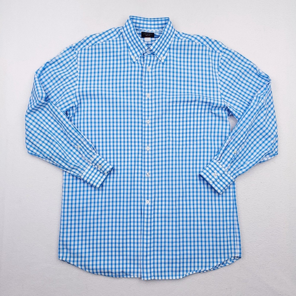 Paul & Shark Yachting Shirt Mens Large Blue White Gingham Plaid Preppy Nautical